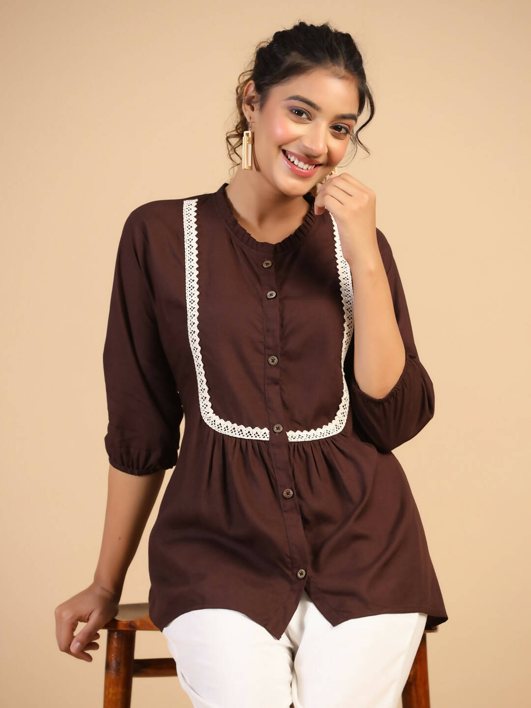 Womens Brown Rayon Solid Top - Keeva | Grocsy