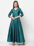Myshka Green Silk Solid 3/4 Sleeve V Neck Casual Anarkali Kurta Dupatta Set | Grocsy