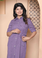 Miravan Womens Purple Solid Half Sleeve Midi Dress With Belt | Grocsy