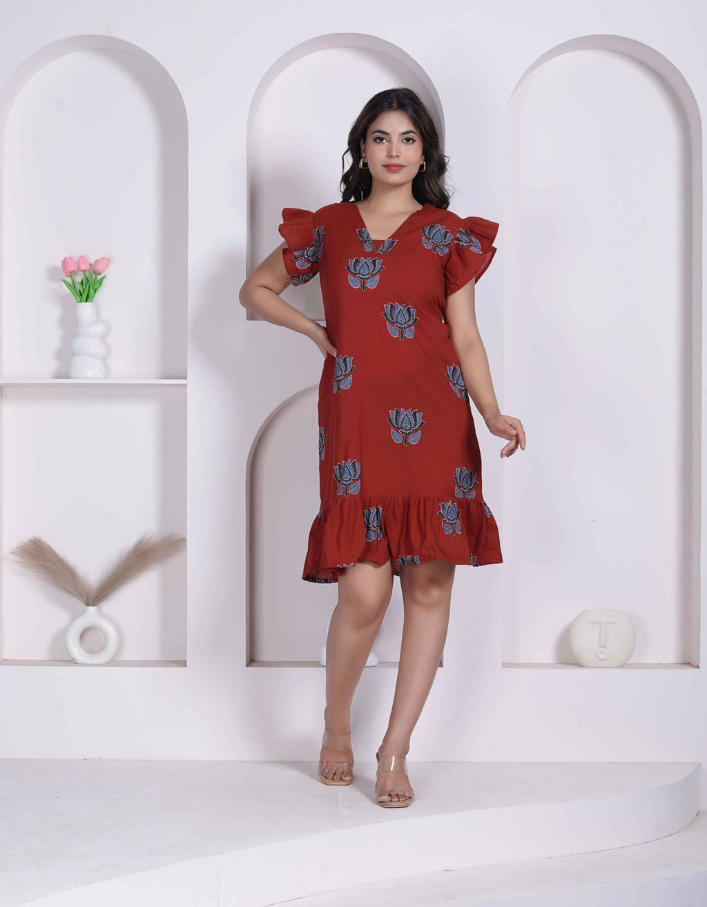 Miravan Women Empire Waist Rust Mini Length Dress | Grocsy
