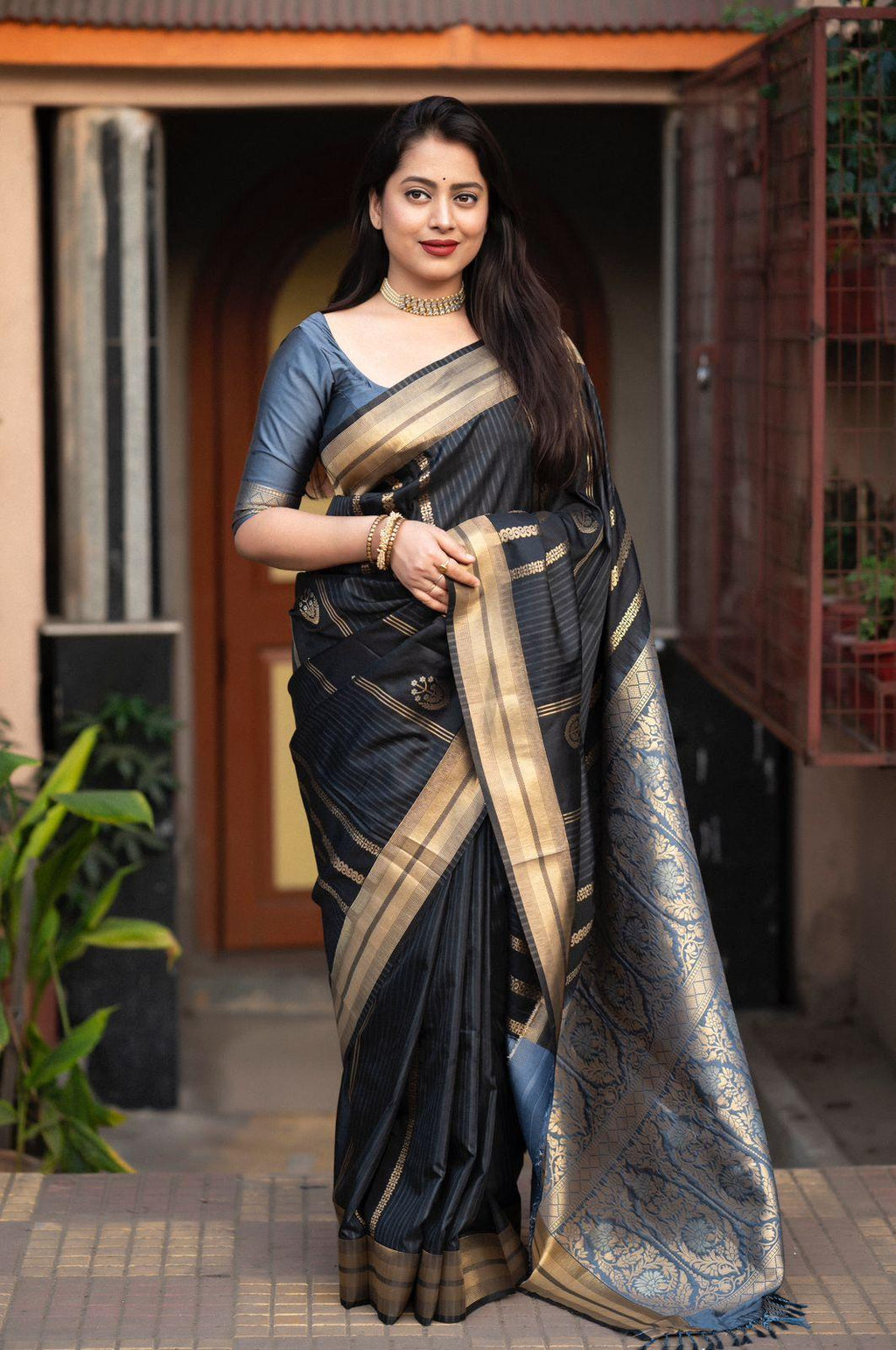 Blue Silk Woven Saree with Unstitched Blouse - Hiral Fashion | Grocsy