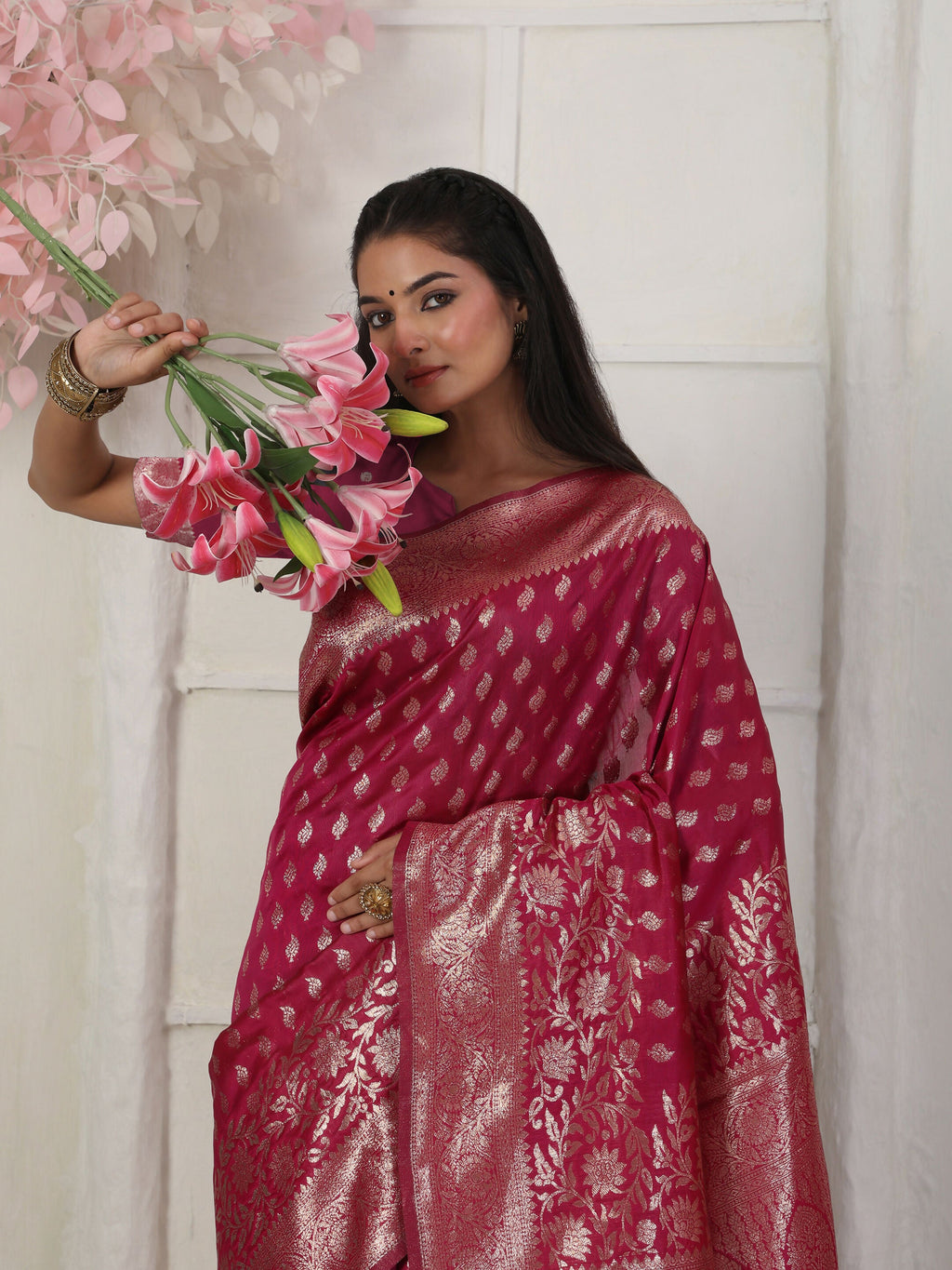 Shree Shyam Fashion Lichi Silk Wine Saree | Grocsy