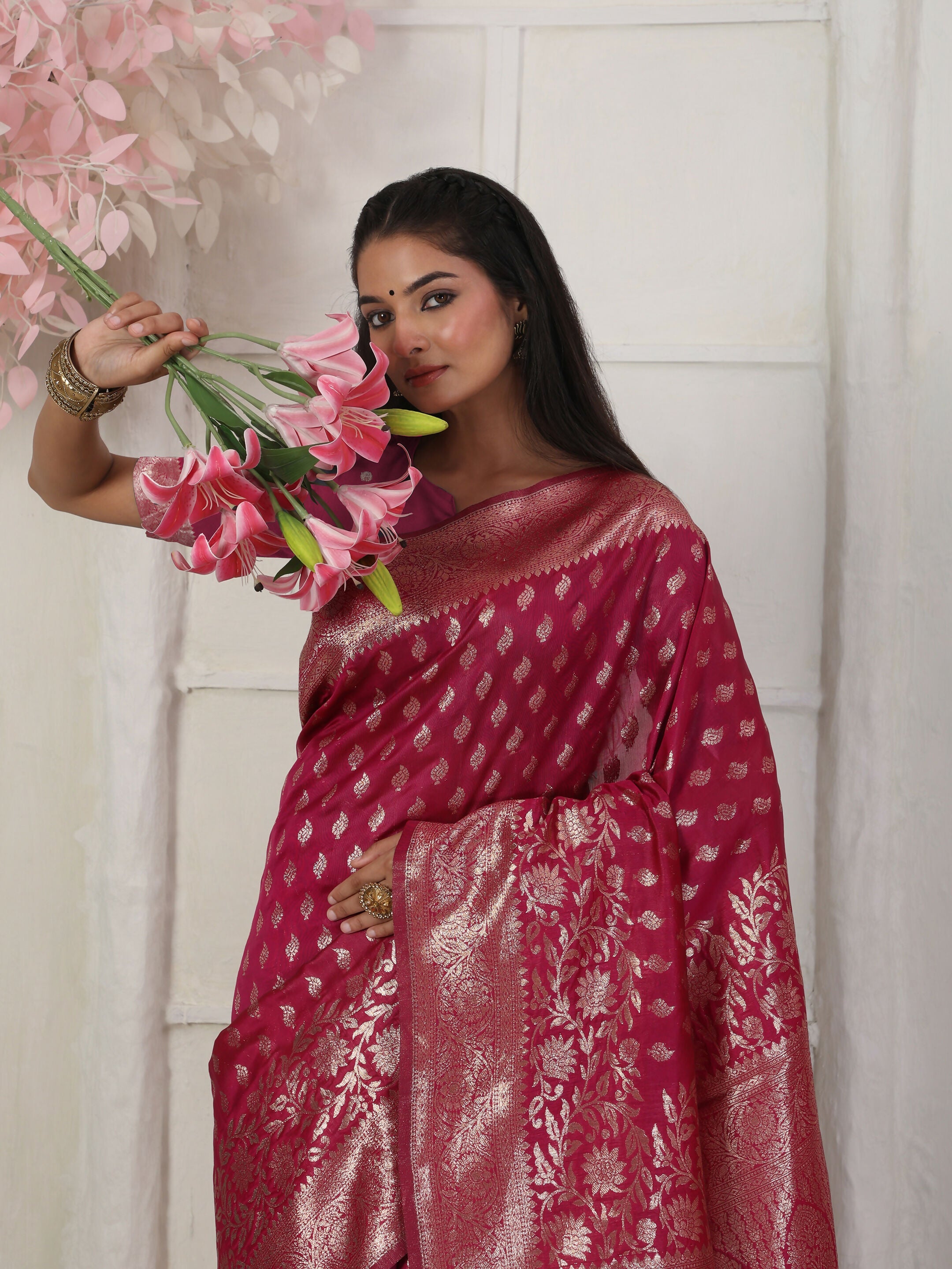 Shree Shyam Fashion Lichi Silk Wine Saree | Grocsy