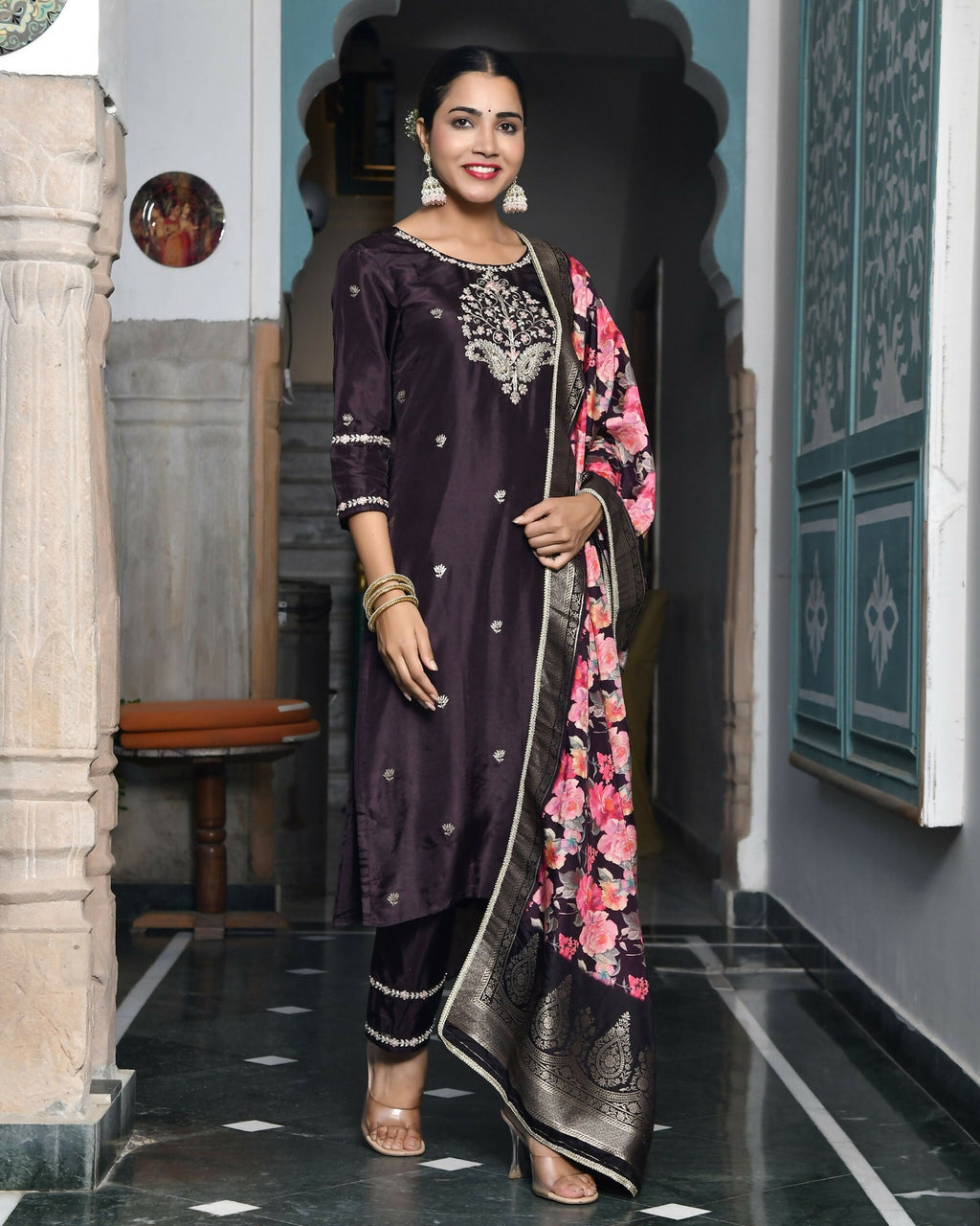 Vaasva Women's Silk Emboidered Solid Pant Set & Digital Printed Dupatta | Grocsy