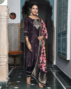 Vaasva Women's Silk Emboidered Solid Pant Set & Digital Printed Dupatta | Grocsy