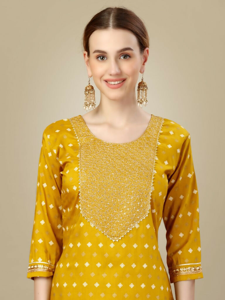 Jyoti Fashion Women's Golden Silk Blend Embroidery & Sequence work Kurta with Trouser & Dupatta | Grocsy