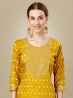 Jyoti Fashion Women's Golden Silk Blend Embroidery & Sequence work Kurta with Trouser & Dupatta | Grocsy