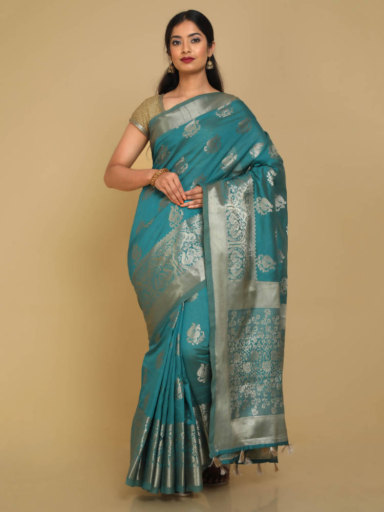 Kalamandir Peacock Print Sea Green Silk Blend Saree | Grocsy