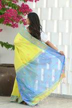 Beatitude Yellow Slub Cotton Floral Jamdani Saree | Grocsy
