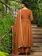 Janasya Brown Georgette Yoke Embroidery Kurta,Bottom & Dupatta | Grocsy