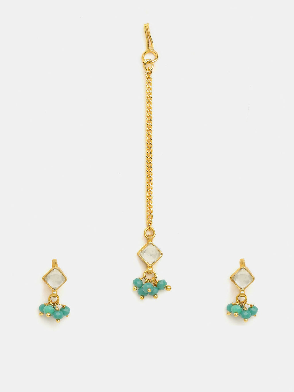 Ruby Raang Gold-White Set Of Earrings And Maang Tikka | Grocsy