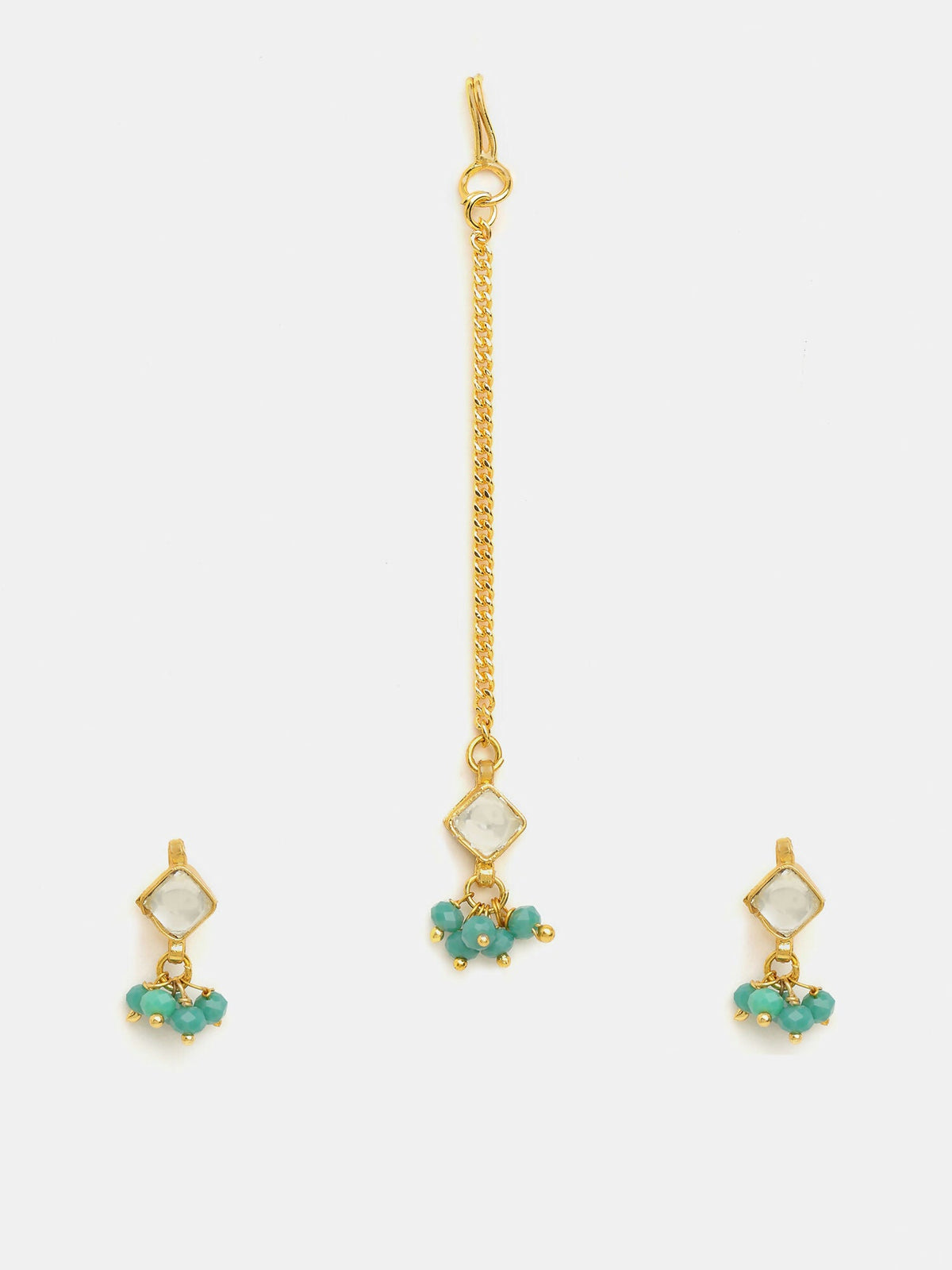 Ruby Raang Gold-White Set Of Earrings And Maang Tikka | Grocsy