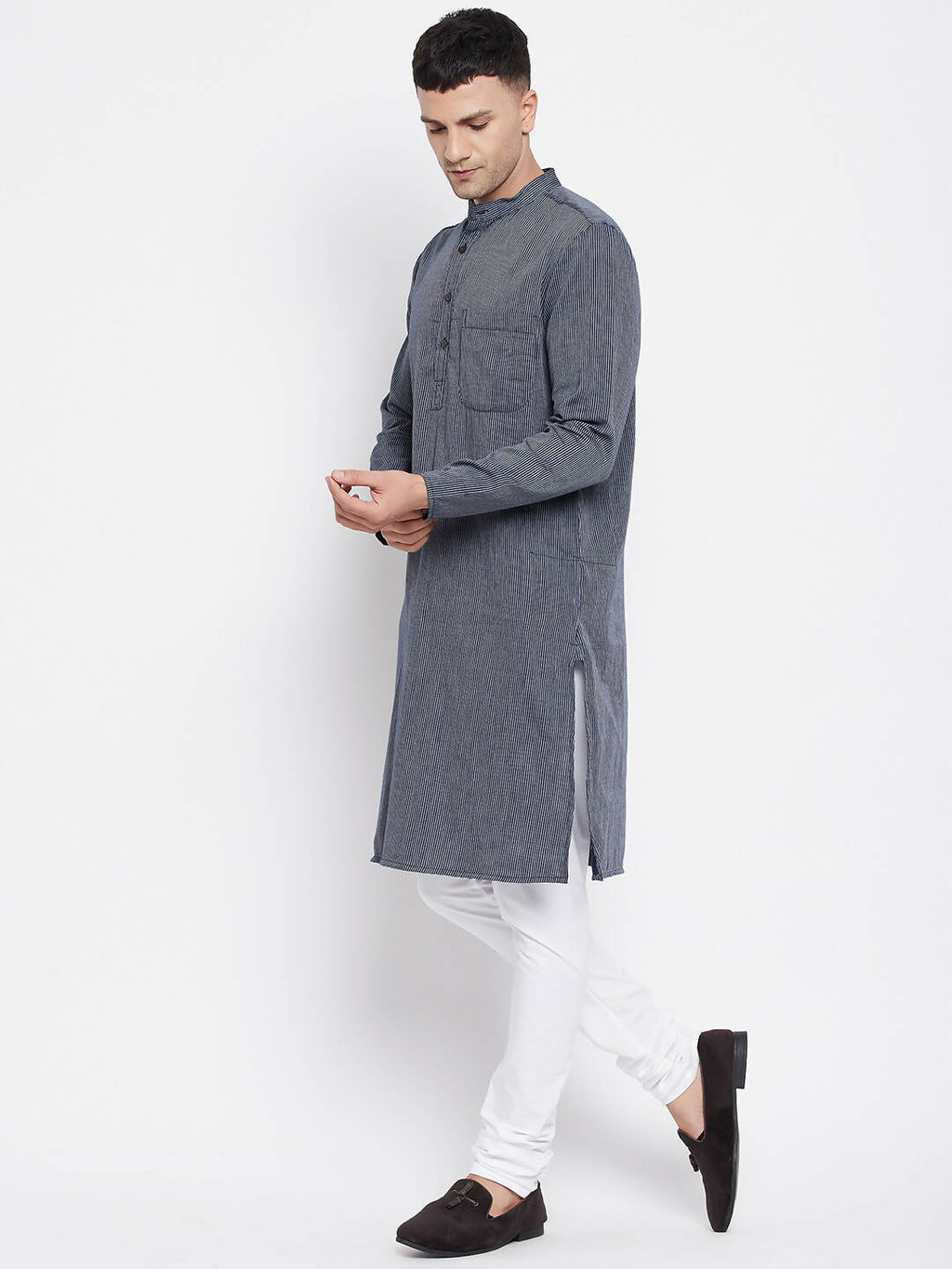 Even Apparels Grey Color Pure Cotton Men's Kurta With Band Collar | Grocsy