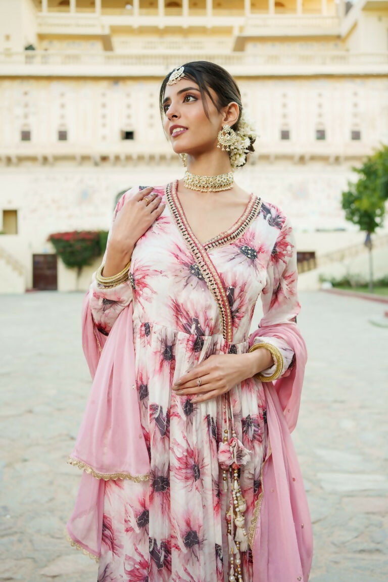 Vaasva White Chinon Floral Embroidered Angrakha Anarkali, Pant & Dupatta set | Grocsy