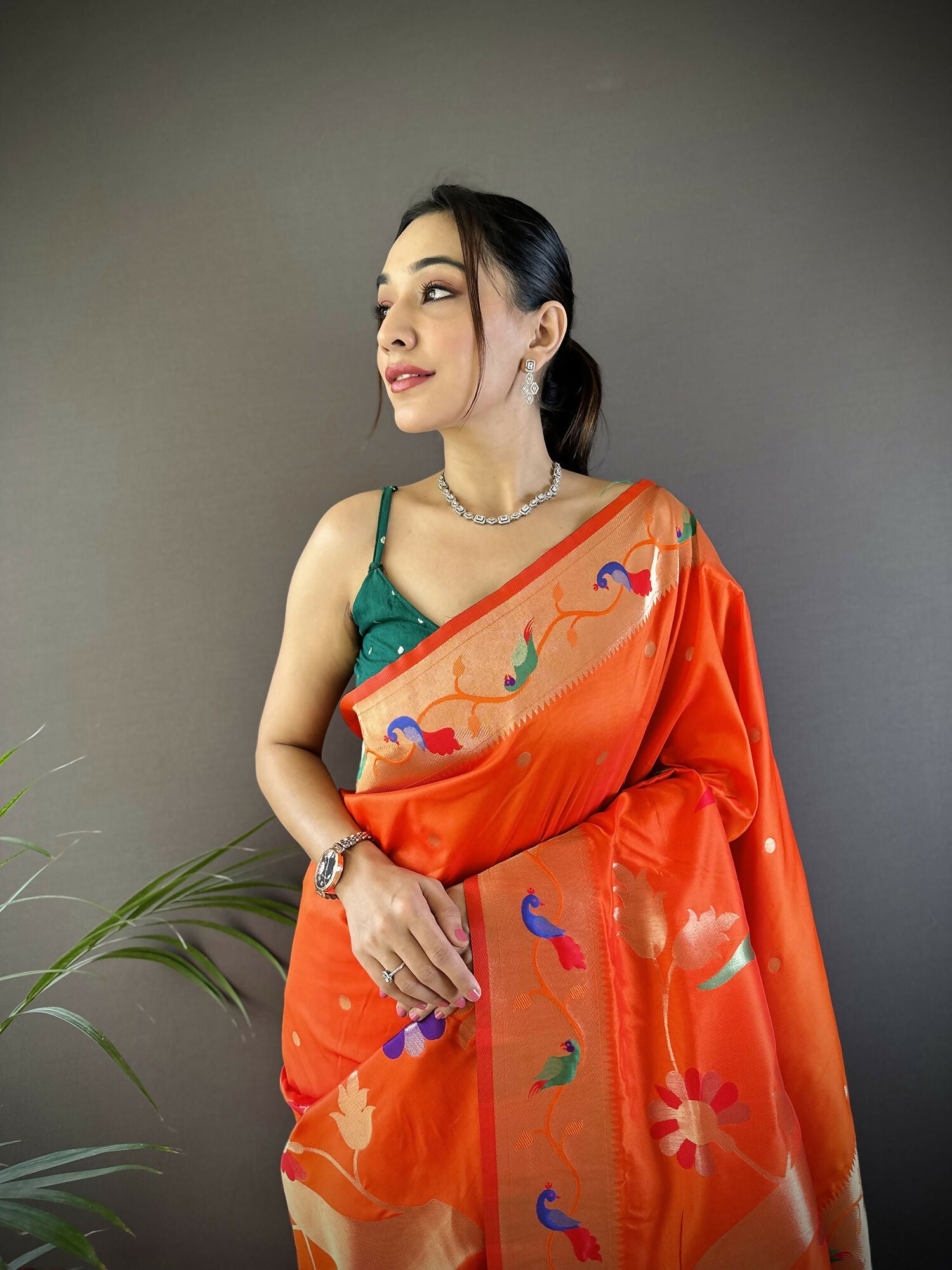 Joban Fashion Orange Zari Woven Floral Motifs Soft Silk Paithani Silk Saree | Grocsy