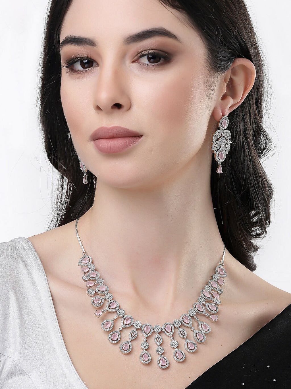 NVR Women's silver plated & Pink CZ stone handcrafted jewellery set