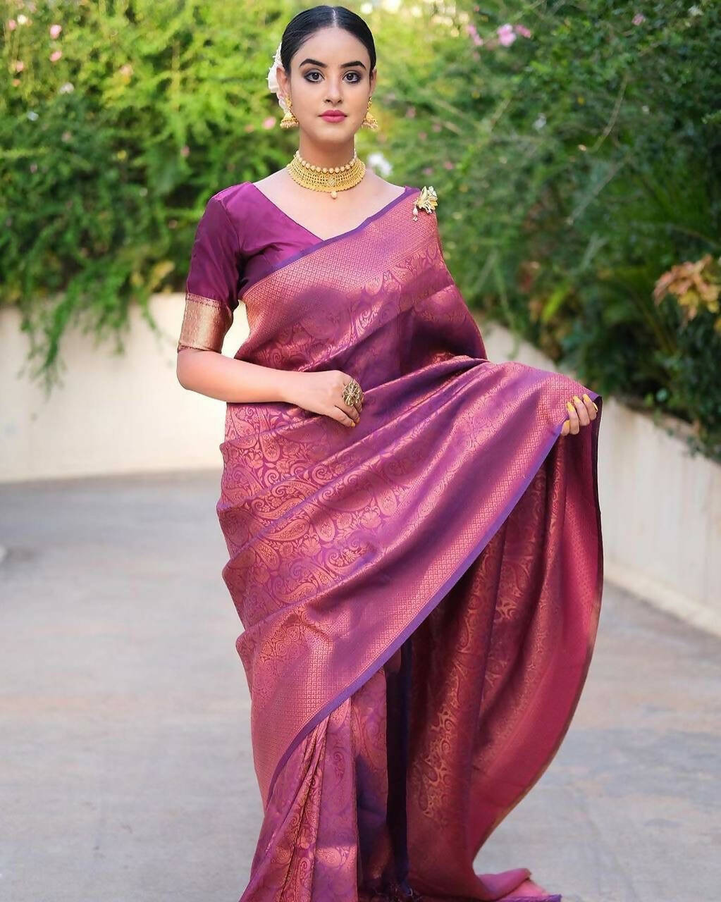 DEIANA'S Beautiful Designer Golden zari Soft Lichi Silk Saree - Purple | Grocsy