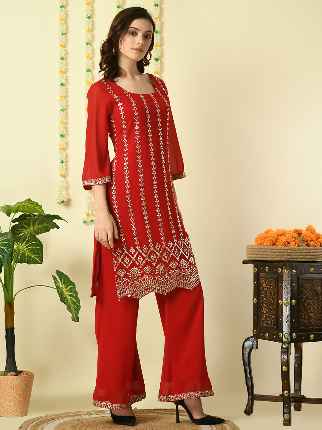 Myshka Women's Red Georgette Kurta & Palazzos With Dupatta Party Sets | Grocsy