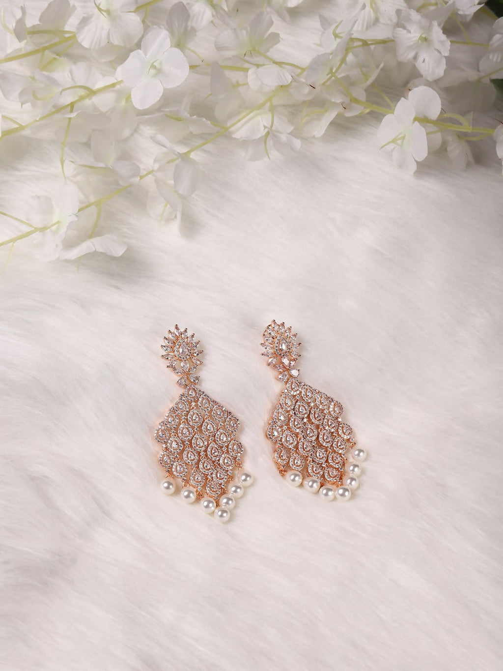 Rose Gold Long Earrings with Pearl Drops- Ruby Raang | Grocsy