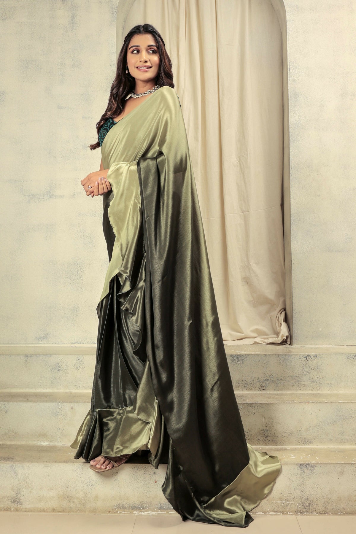 Green Satin Solid Designer, Printed Party Wear Ready To Wear Saree - Nasreen | Grocsy