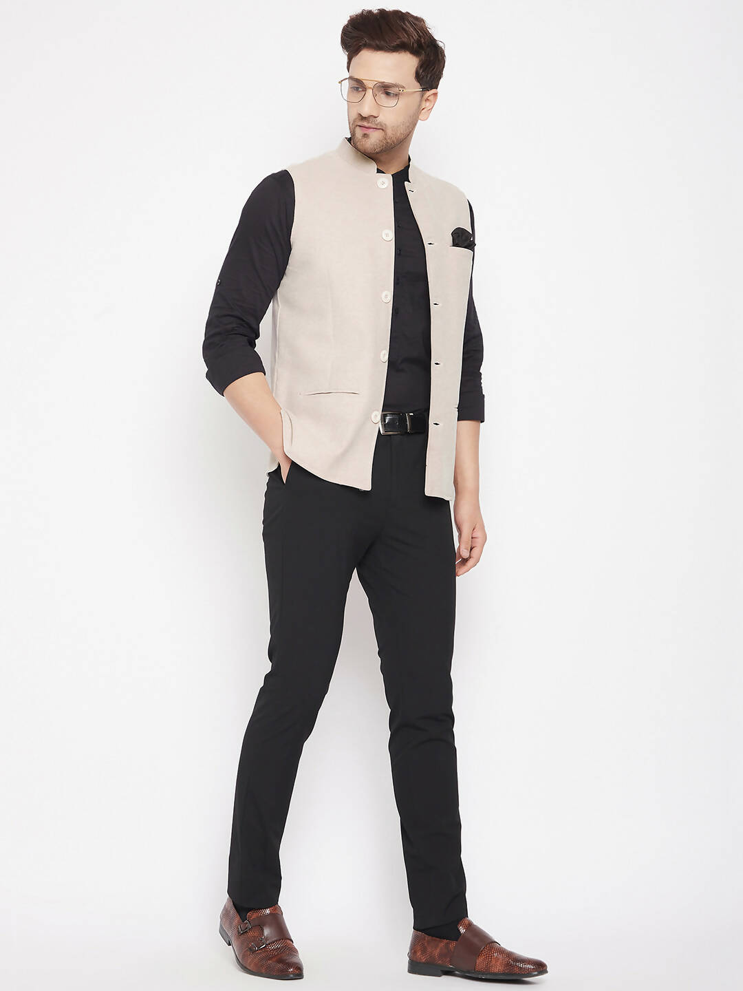 Even Apparels Cream Merino Men Woven Nehru Jacket | Grocsy