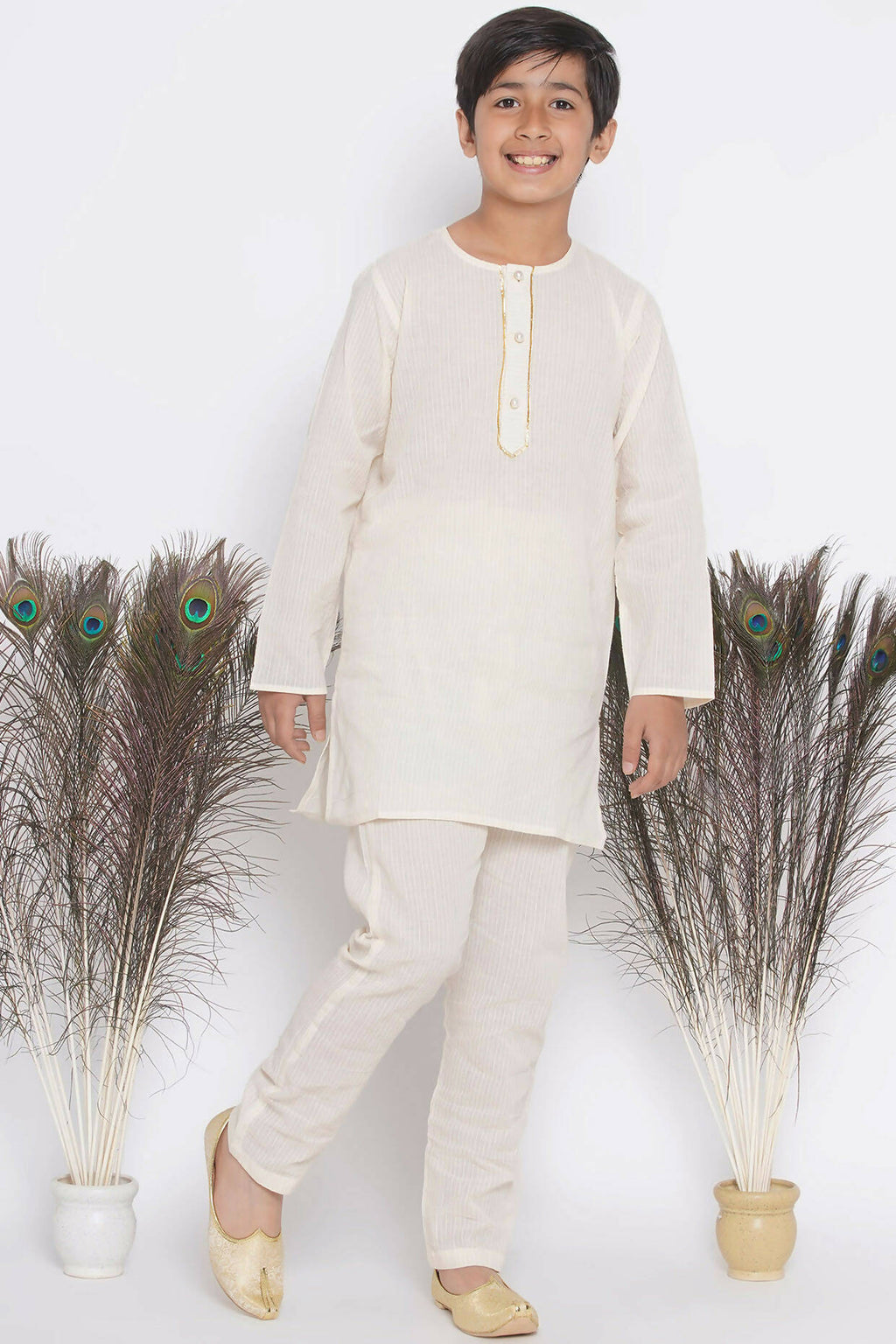 Little Bansi Banarsi Floral Embroidery Jacket with Cotton Kantha kurta and Kantha Pyjama - Cream | Grocsy