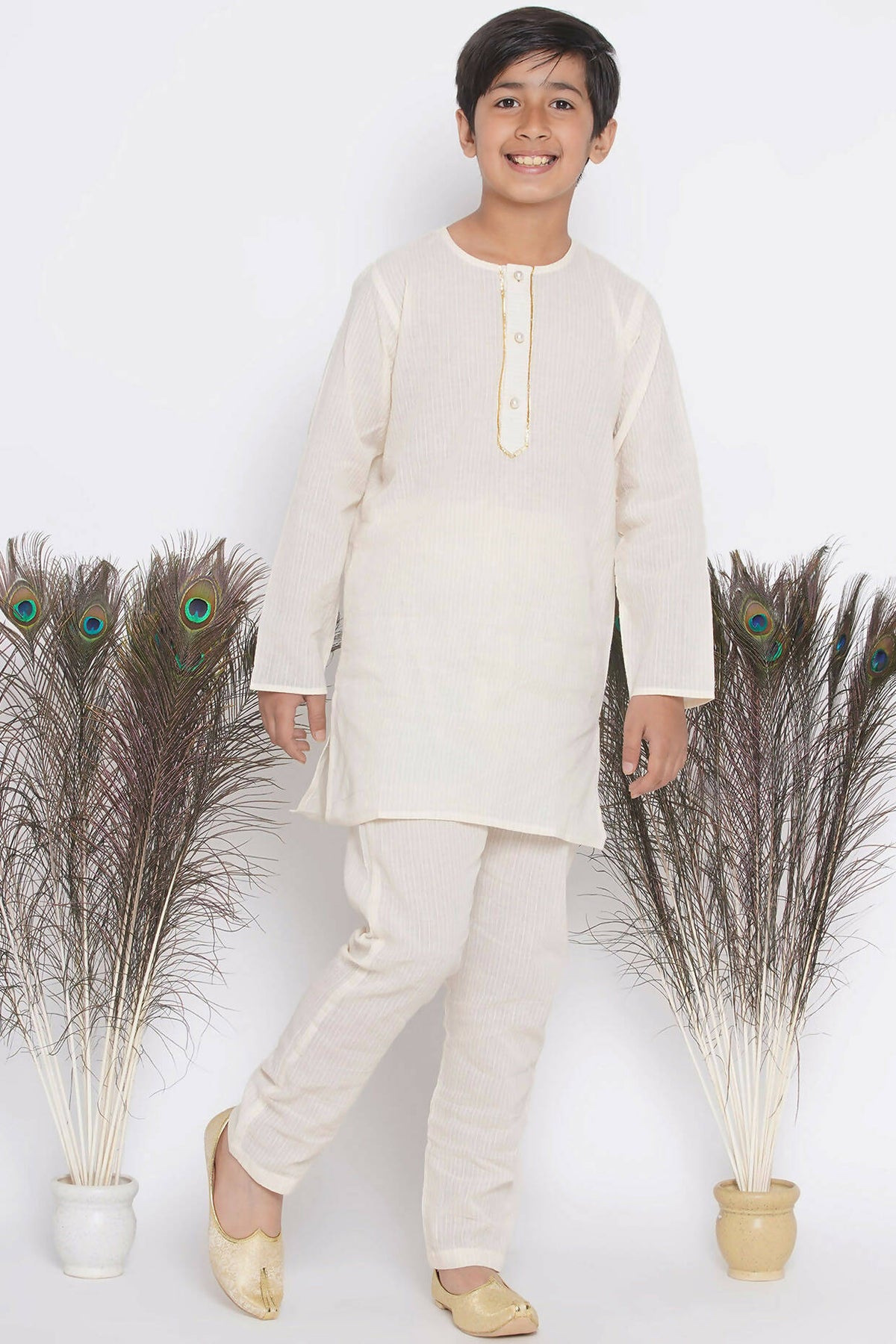 Little Bansi Banarsi Floral Embroidery Jacket with Cotton Kantha kurta and Kantha Pyjama - Cream | Grocsy