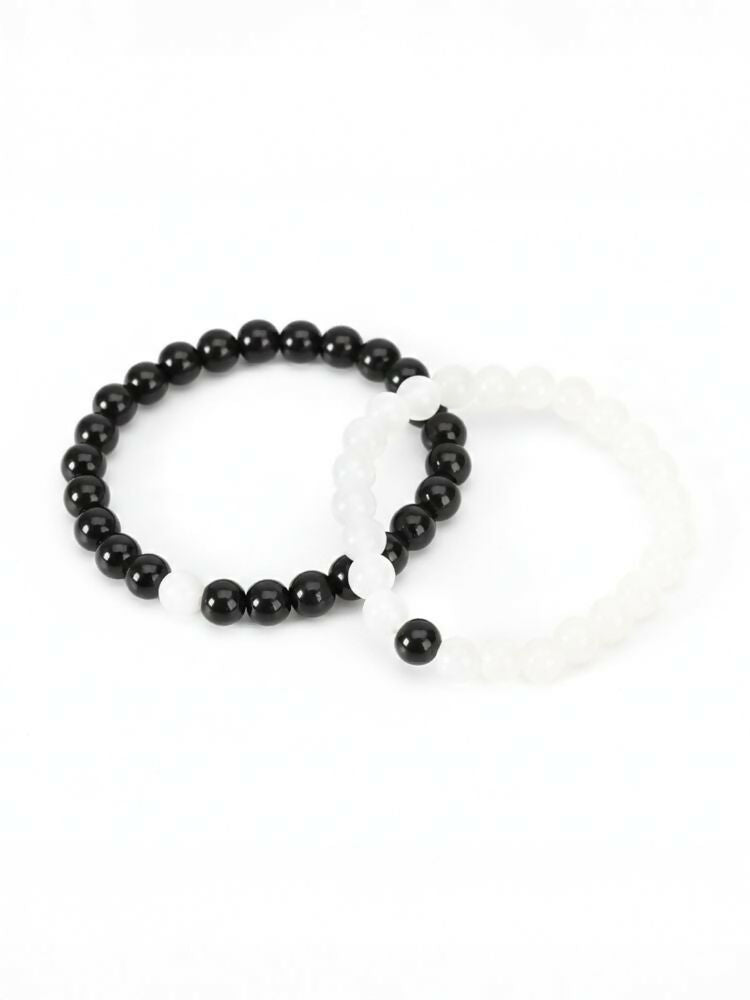 NVR Set of 2 Black & White crystal beaded Bracelet for Men & Women | Grocsy