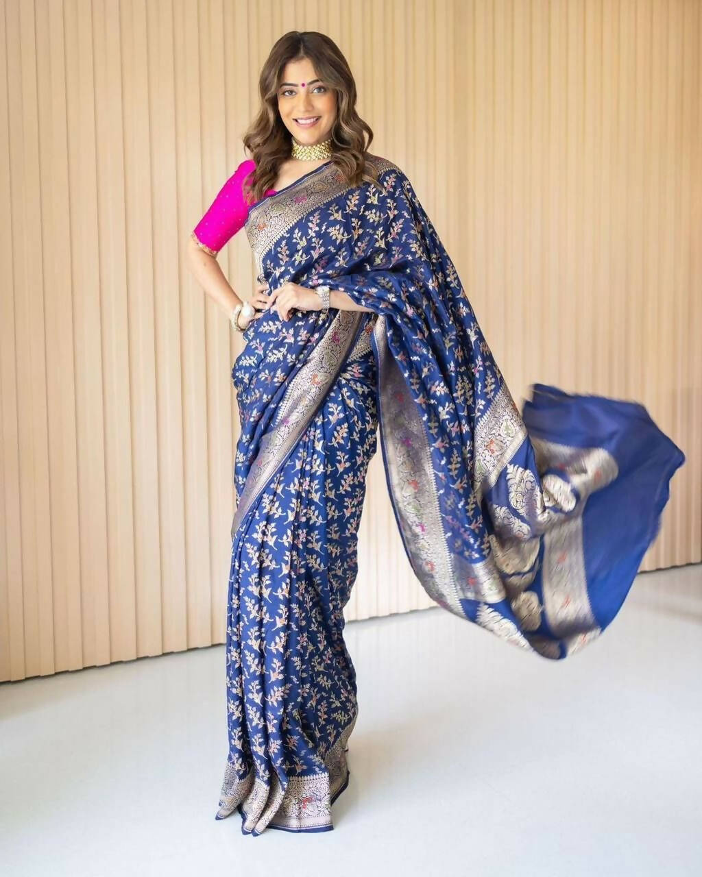 DEIANA'S Beautiful Designer Golden zari Soft Lichi Silk Saree - Navy Blue | Grocsy