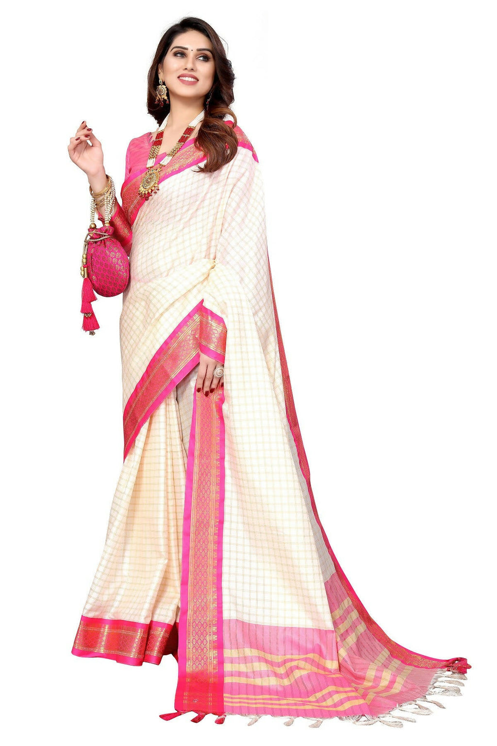 Vamika Weaving White Cotton Silk Saree (DEVAL PINK) | Grocsy