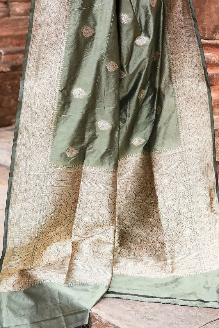 Joban Fashion Dusty Olive Banarasi Katan Pure Handloom Silk Saree | Grocsy
