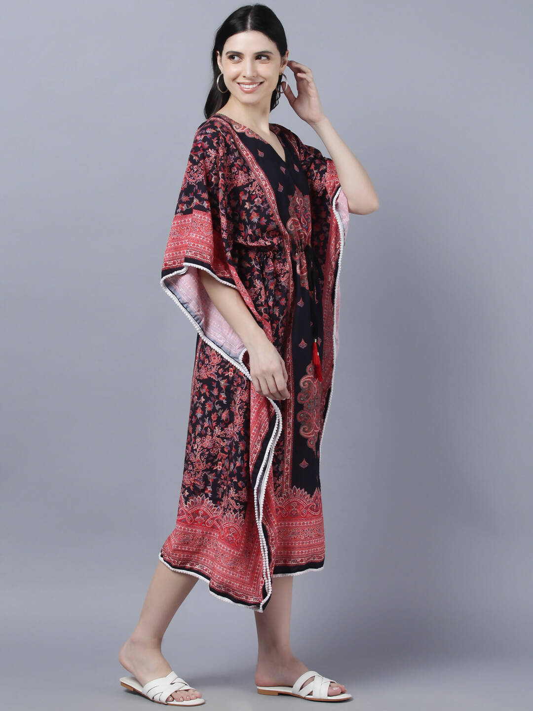 Myshka Peach-Coloured Purple Floral Kaftan Midi Dress | Grocsy