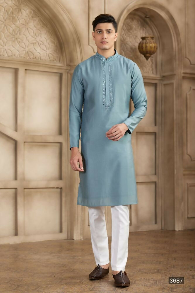 Raivat Ethnic Banarasi Art Silk Mirror Work Kurta Pajama In Grey Colour | Grocsy