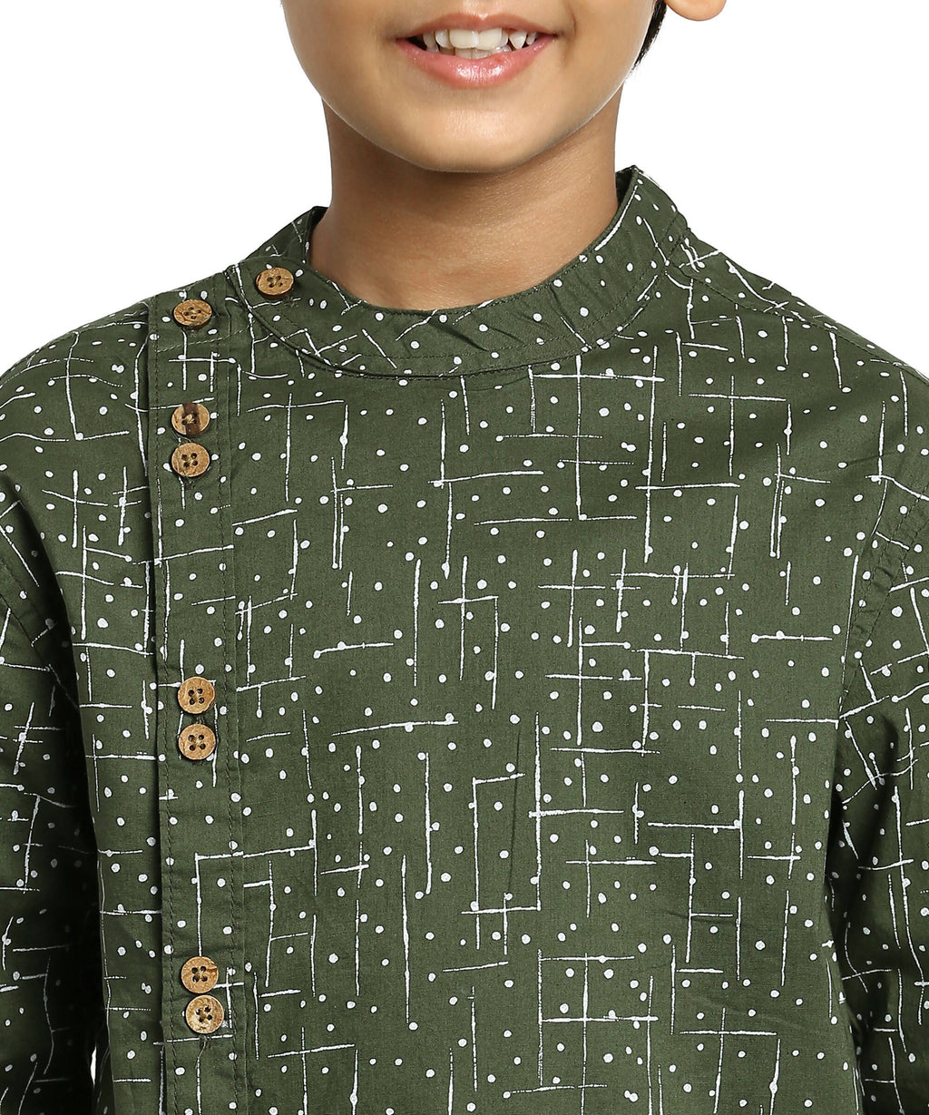 Manet Boys Full Sleeves Dot Printed Ethnic Shirt - Olive Green | Grocsy