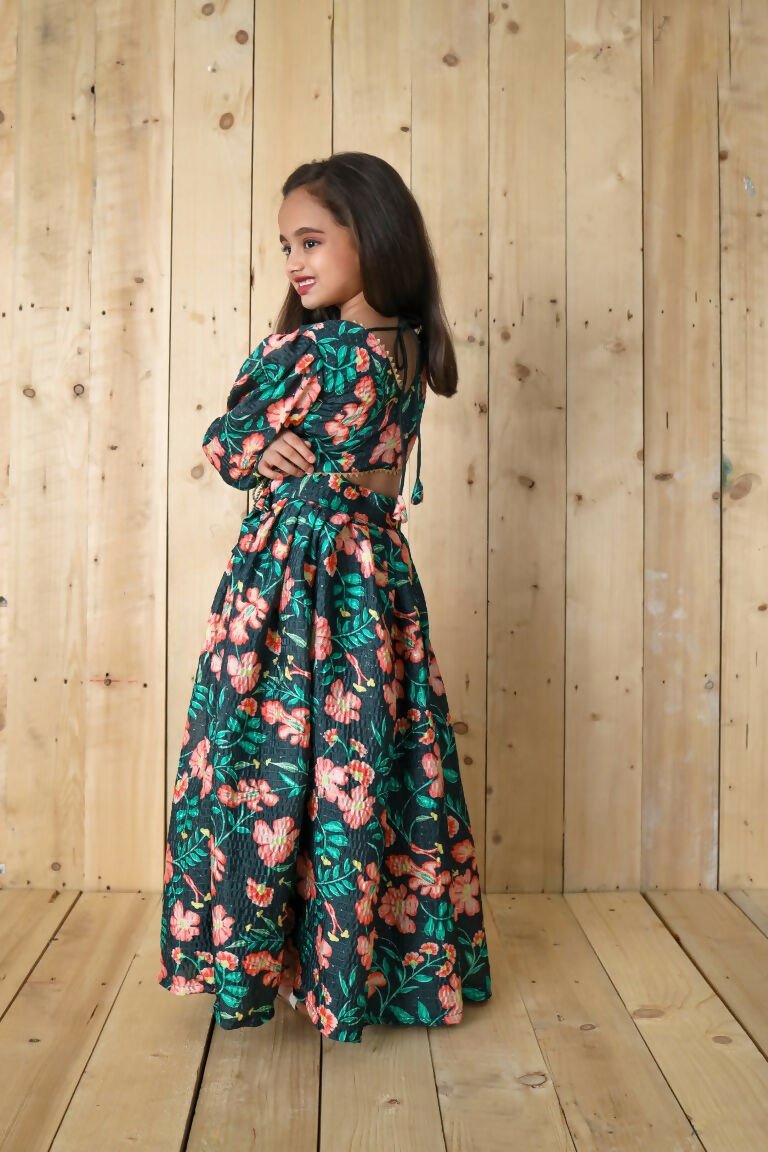 Aayaa Designer Printed Chinon Crochet Sequance Kids Lehenga Choli - Green | Grocsy