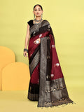 Joban Fashion Maroon & Black Plain With Weaving Border Banarasi Silk Sarees | Grocsy