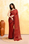 Piyari Fashion Women's Maroon Embellished Cotton Blend Zari Check Handloom Saree | Grocsy