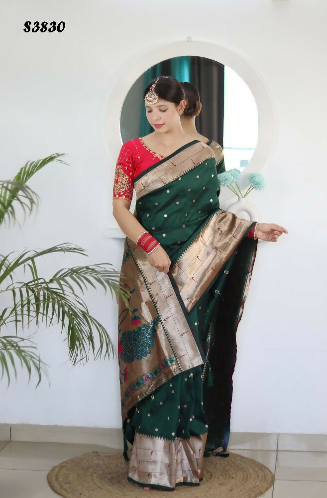 Green Woven Jacquard Designer Embroidery Work Party Wear Saree - Parampara | Grocsy