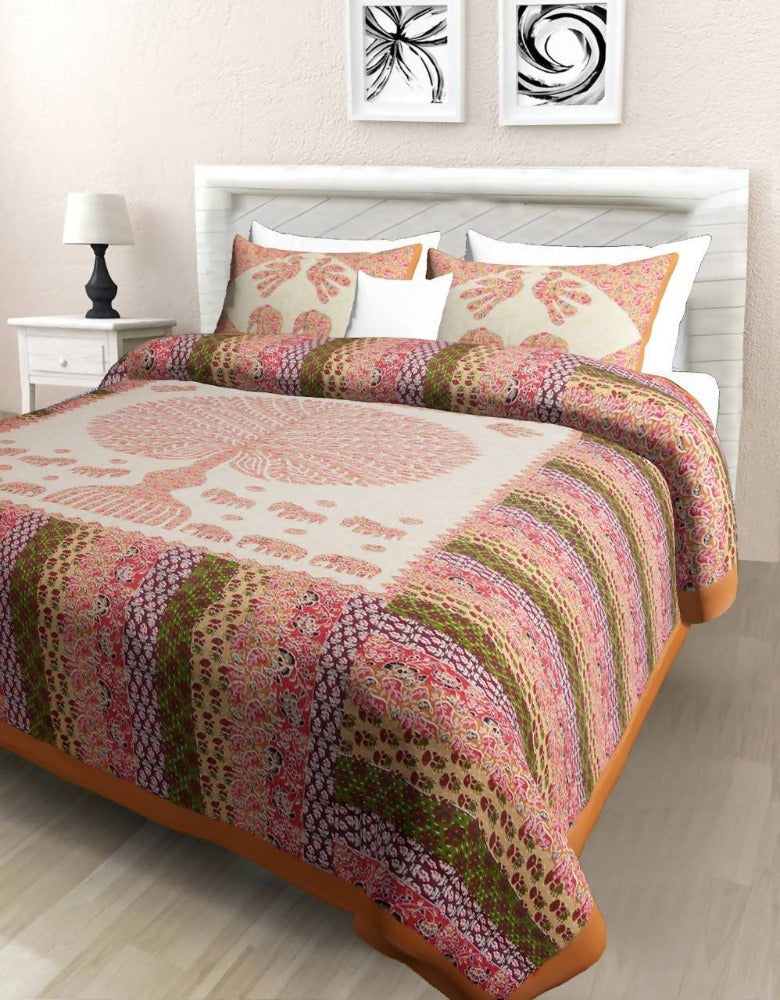 Vamika Printed Cotton Orange Bedsheet With Pillow Covers (PM Treestripe Orange) | Grocsy