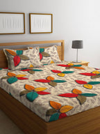 Home Sizzler Cream-Coloured & Red Floral 144 TC Bedsheet with Pillow Covers | Grocsy