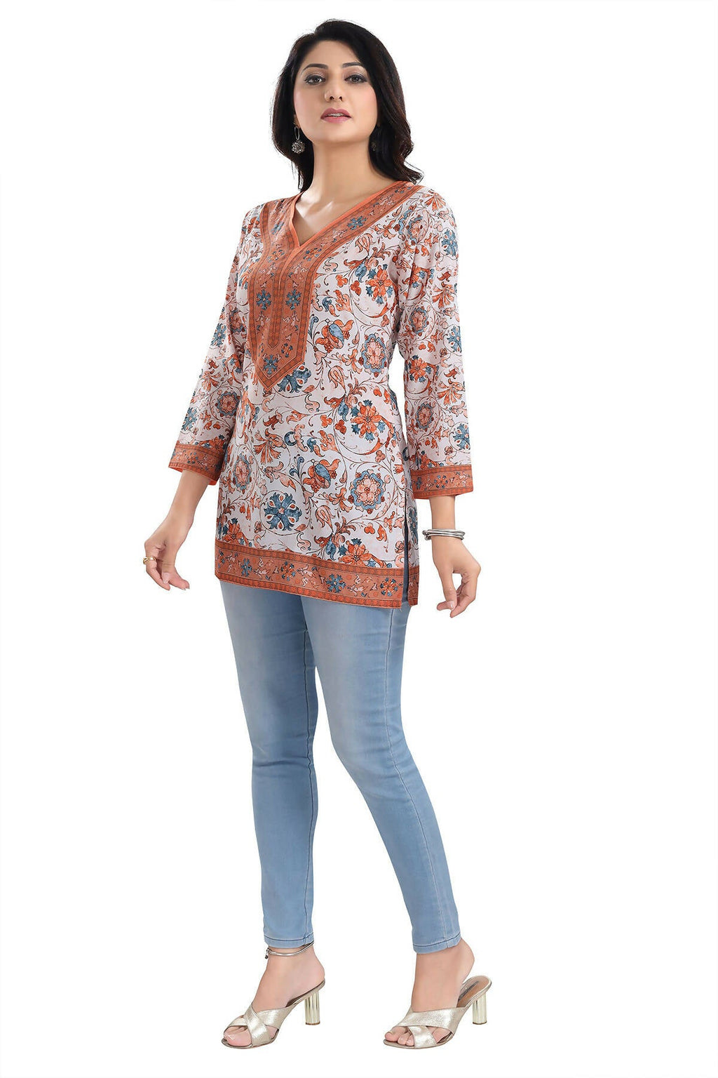 Snehal Creations Cream Faux Crepe Short Kurti Tunic Top | Grocsy