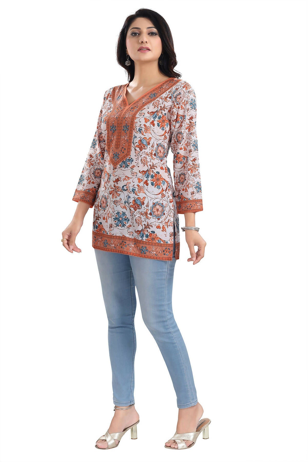 Snehal Creations Cream Faux Crepe Short Kurti Tunic Top | Grocsy