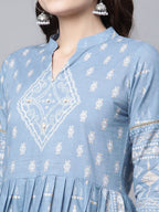 Ahalyaa Women Pastel Blue Pure Cotton Printed Kurta Pant Set With Dupatta | Grocsy
