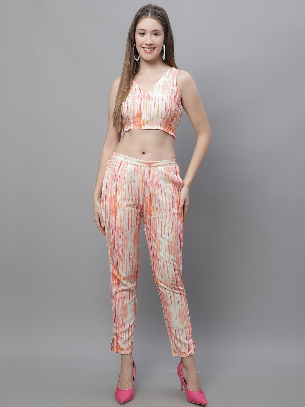 Jainish Women's WoDigital Printed Crop Top and Jacket Set - Orange | Grocsy