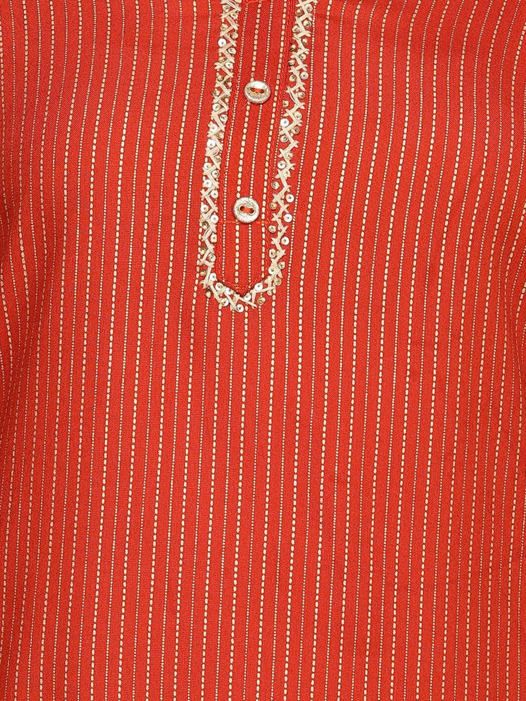 HERE&NOW Orange & Gold-Toned Mandarin Collar Striped Sequined Straight Kurta | Grocsy