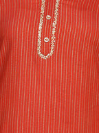 HERE&NOW Orange & Gold-Toned Mandarin Collar Striped Sequined Straight Kurta | Grocsy