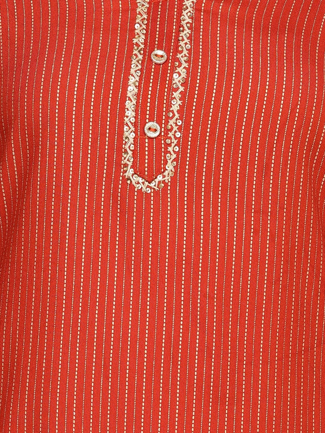 HERE&NOW Orange & Gold-Toned Mandarin Collar Striped Sequined Straight Kurta | Grocsy