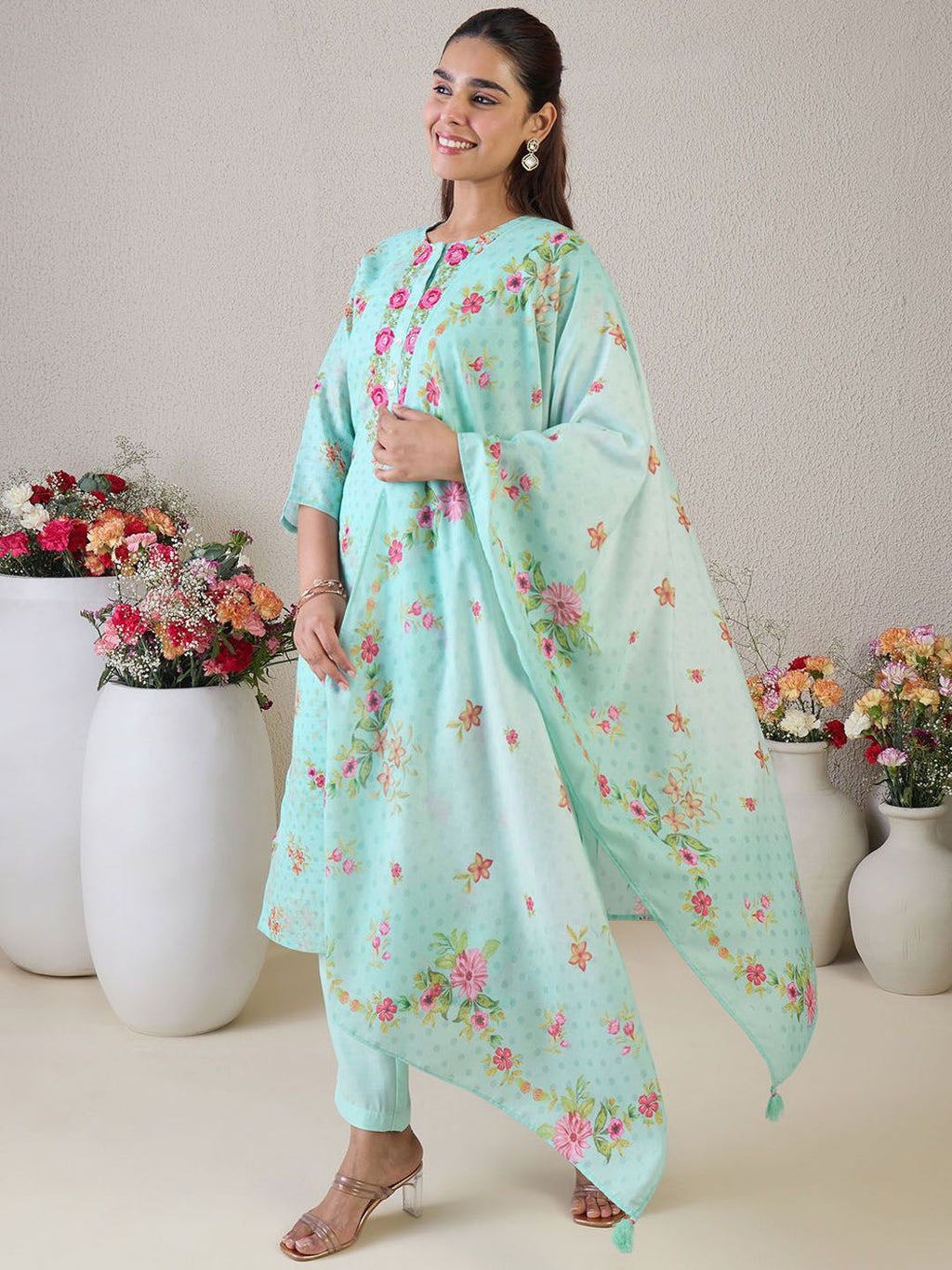 Indo Era Women Floral Embroidered Thread Work Linen Kurta with Trousers & With Dupatta | Grocsy