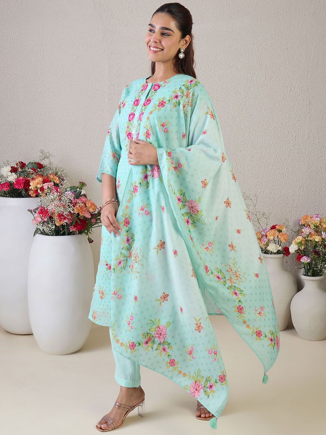 Indo Era Women Floral Embroidered Thread Work Linen Kurta with Trousers & With Dupatta | Grocsy