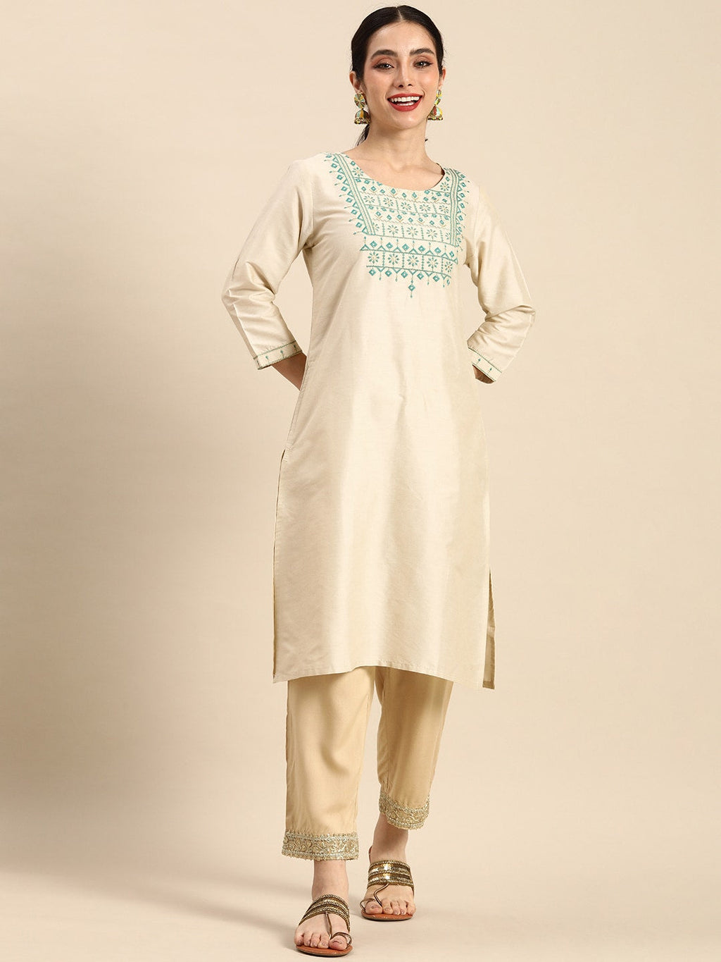 Sangria Women Ethnic Motifs Embroidered Thread Work Pastels Kurta | Grocsy